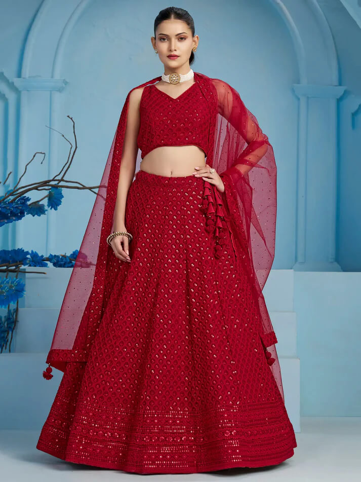 Red Party Wear Lehenga with Sequins & Dupatta