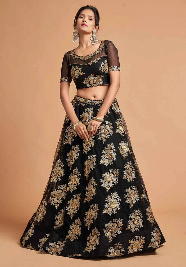 Black Soft Net Lehenga with Zari & Sequins Work