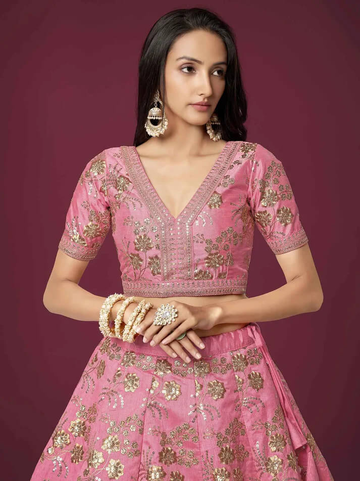 Peach Silk Lehenga with Zari, Sequins & Dori Work