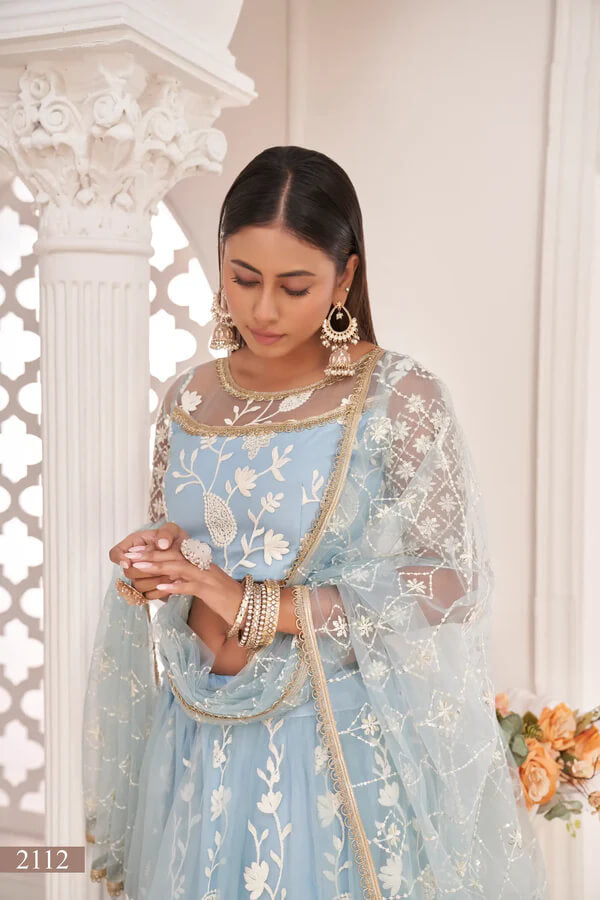 Festive Light Sky Cotton Thread Work Lehenga