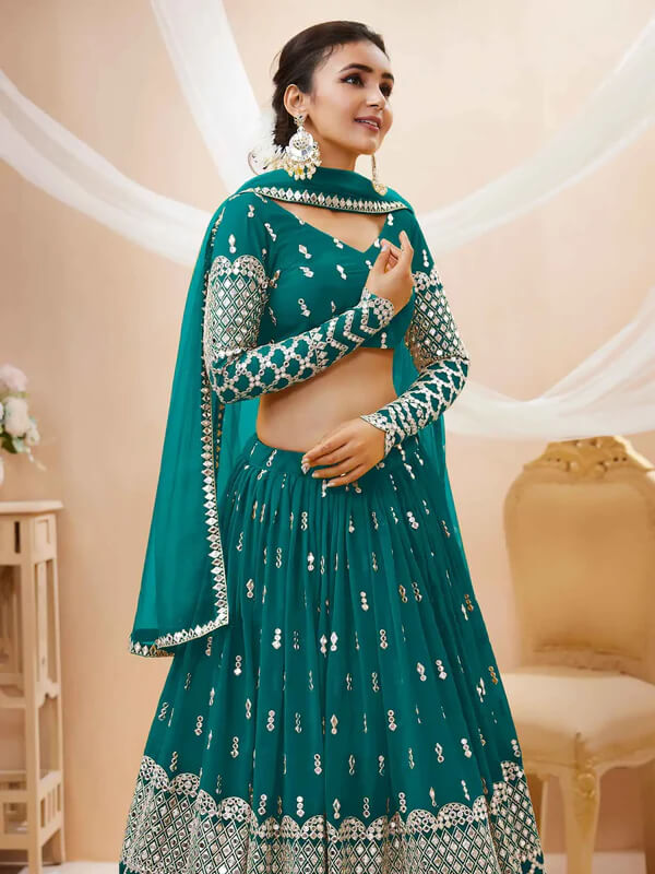 Teal Blue Sequins & Zari Embroidered Georgette Lehenga