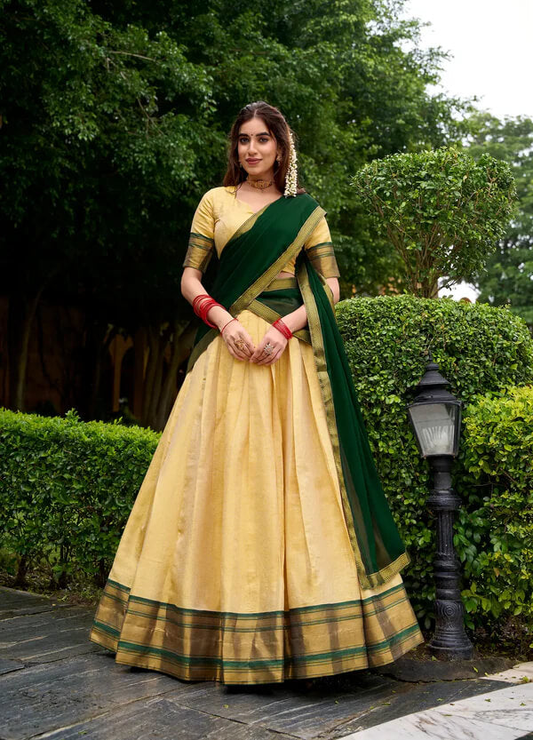 South Indian Style Beige & Green Zari Work Lehenga Choli