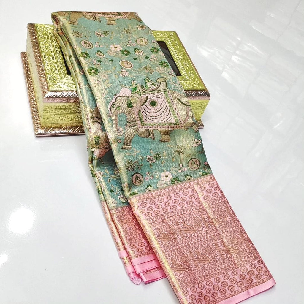 Pista Green Kanchipuram Handloom Tissue Brocade 4D Meenakari Silk Saree