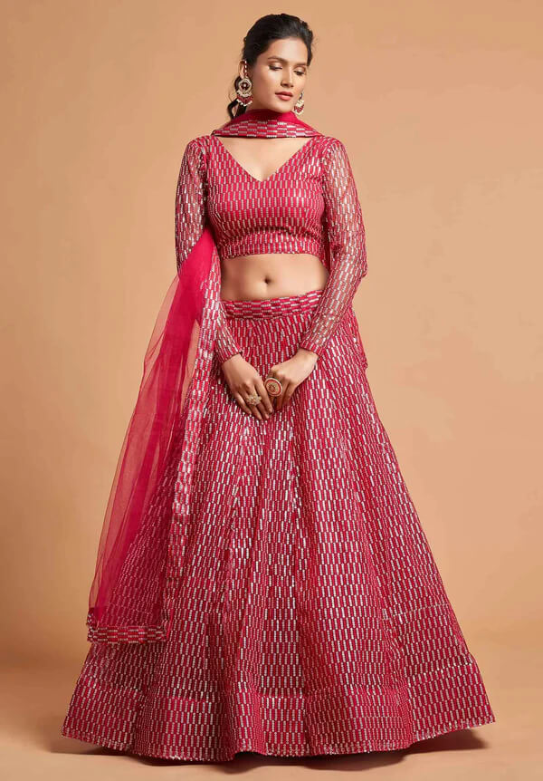 Hot Pink Soft Net Lehenga with Thread & Sequins Work