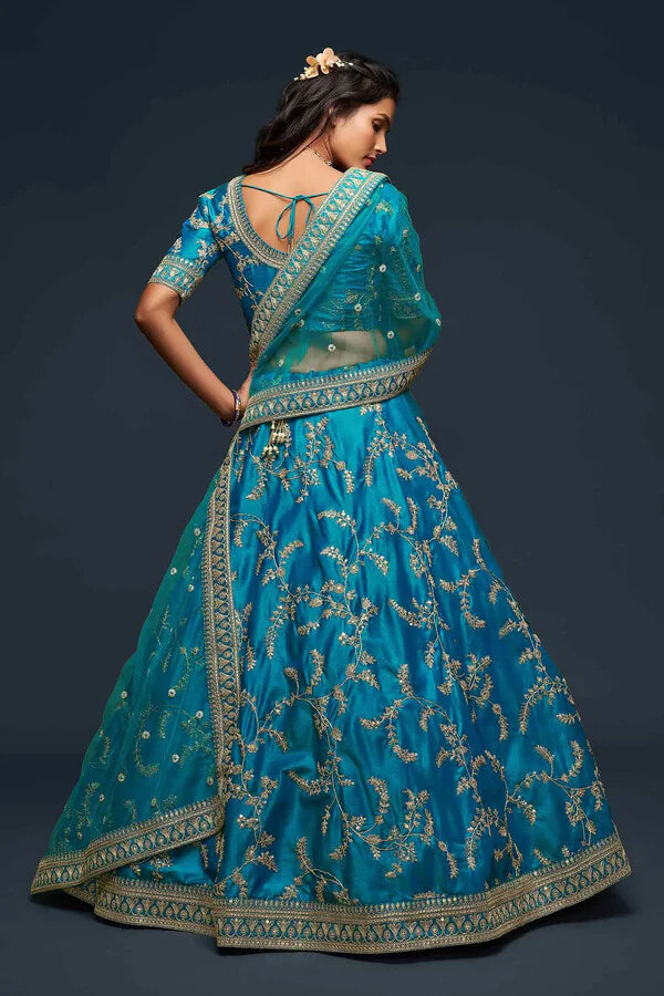 Teal Blue Silk Lehenga with Thread, Zari & Sequins Work