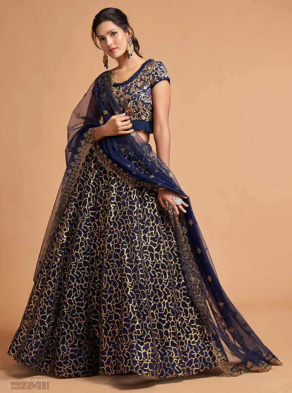 Navy Blue Soft Net Lehenga with Zari & Thread Work