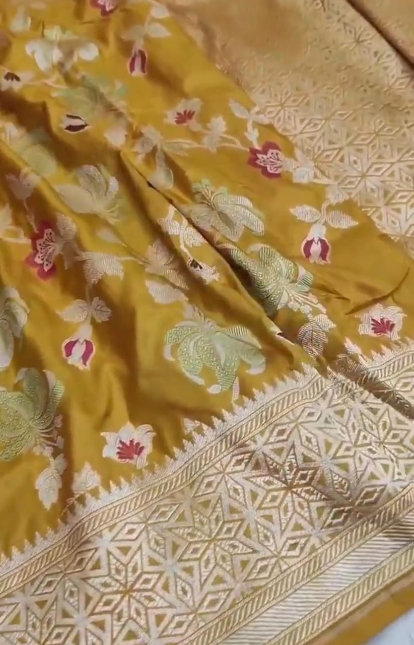 Dual Tone Turmeric Banarasi Handloom Katan Silk Meenakari Saree