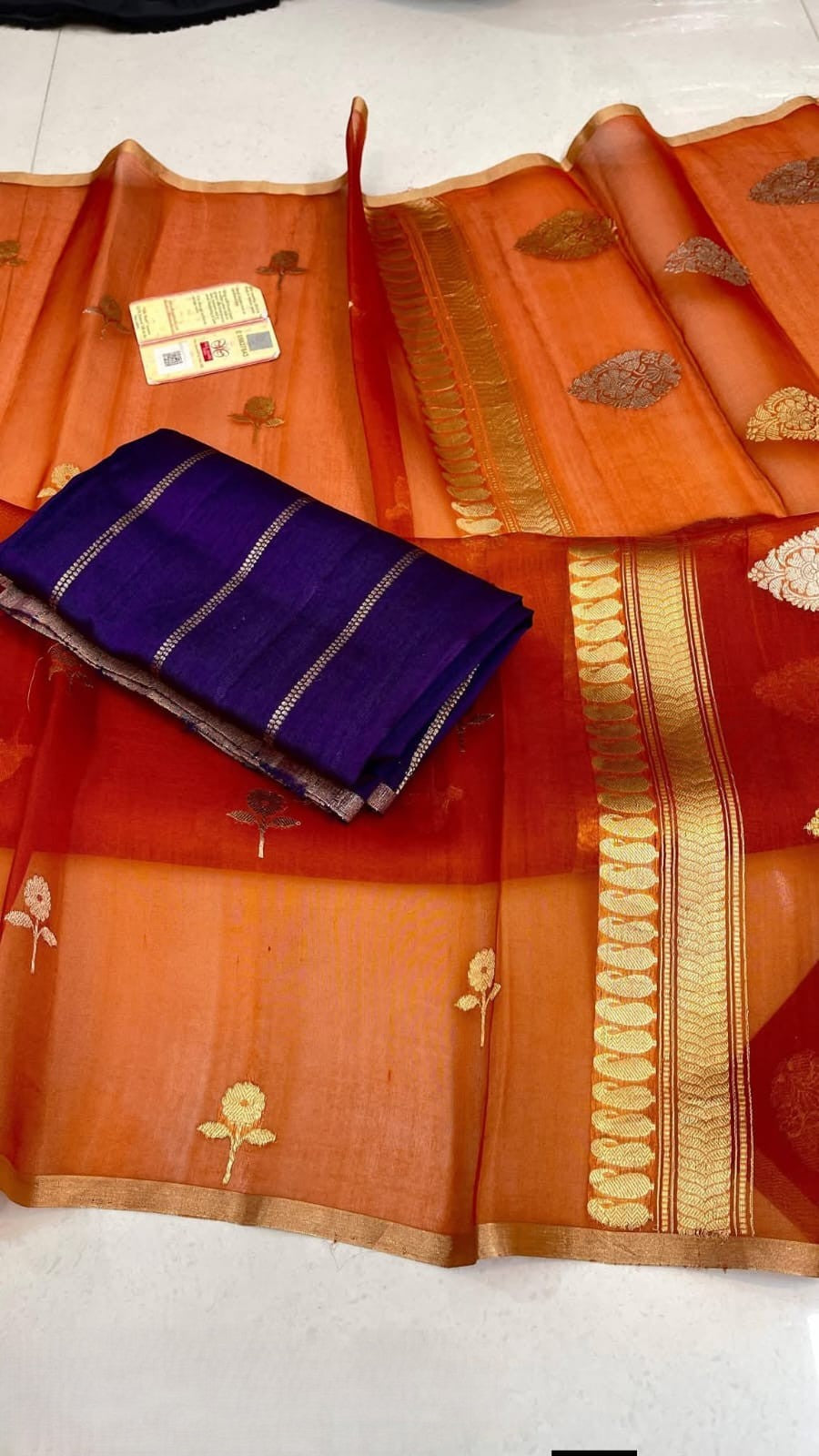 Orange Banarasi Handloom Kora Organza Silk Saree
