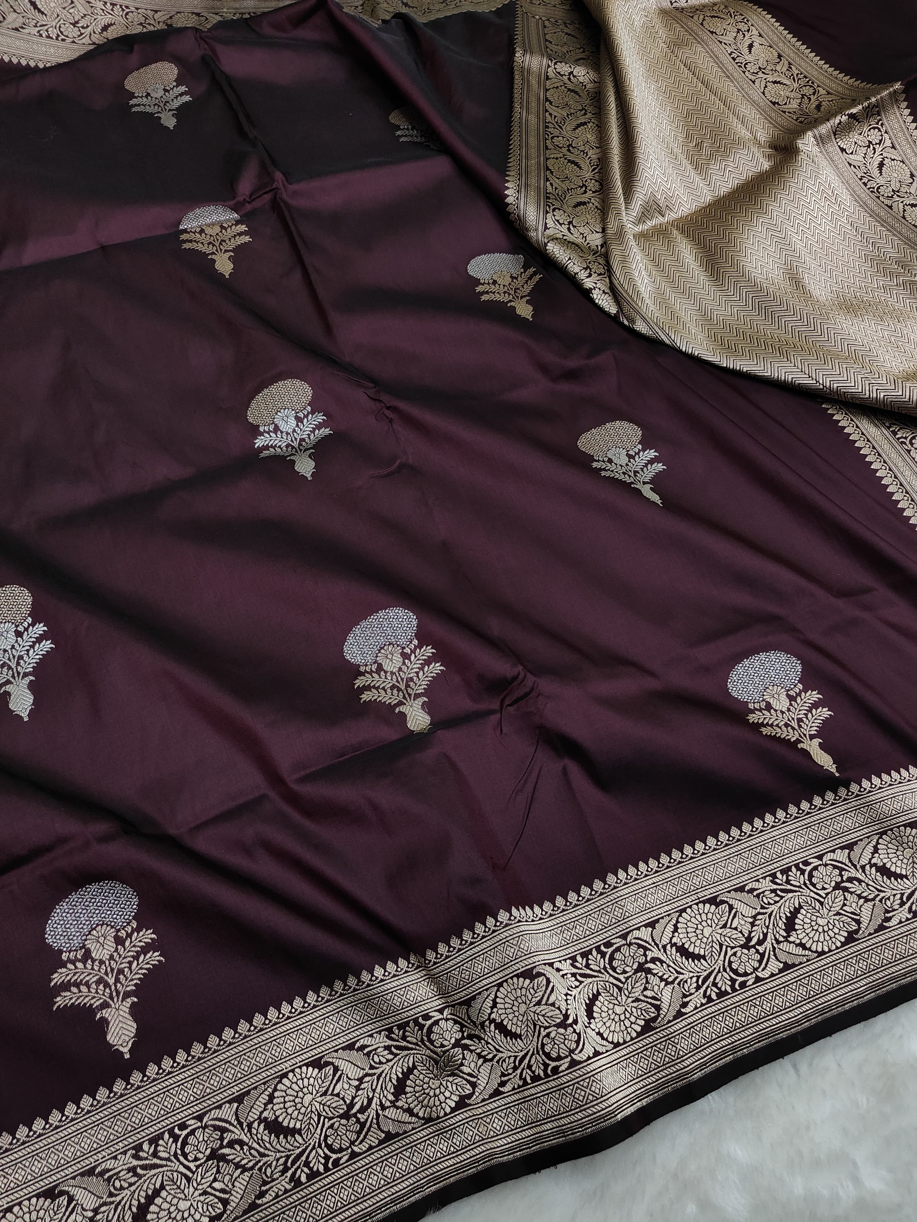 Dual Tone Wine Banarasi Handloom Katan Silk Meenakari Saree