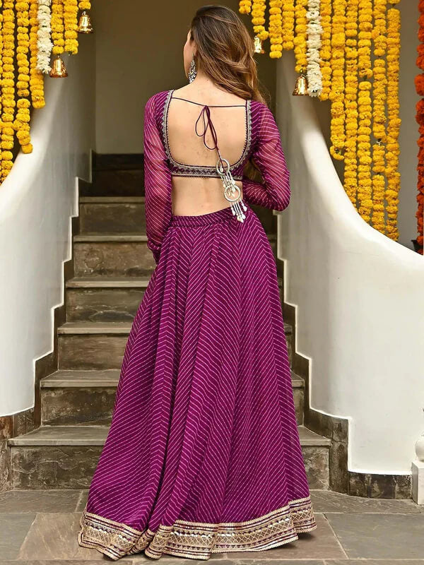 Wine Leheriya Georgette Lehenga with Zari Lace Work
