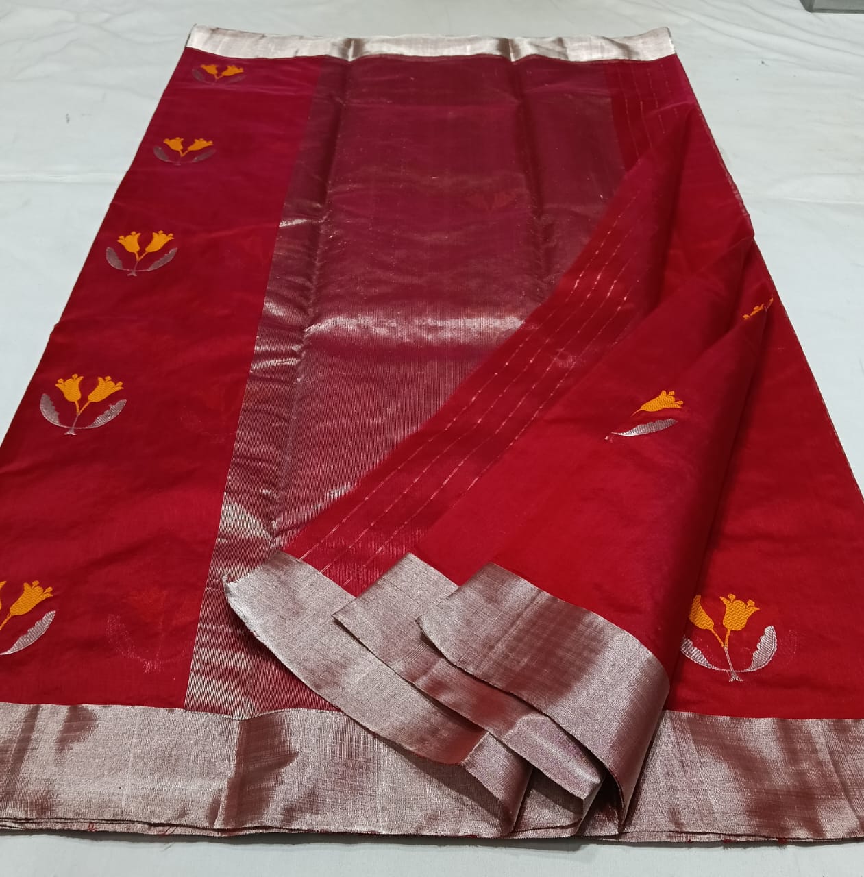 Red Chanderi Handloom Pattu Silk Eknal Buttas Meenakari Saree