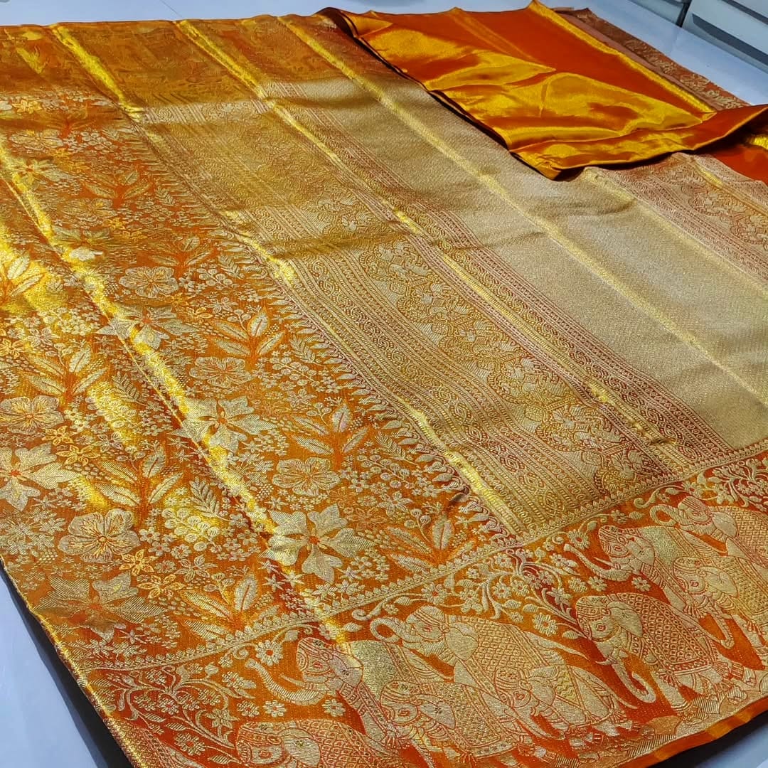 Orange Kanchipuram håndvævet vævsbrokade silkesari