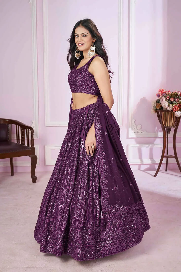 Wine Georgette Lehenga with Sequins & Thread Embroidery
