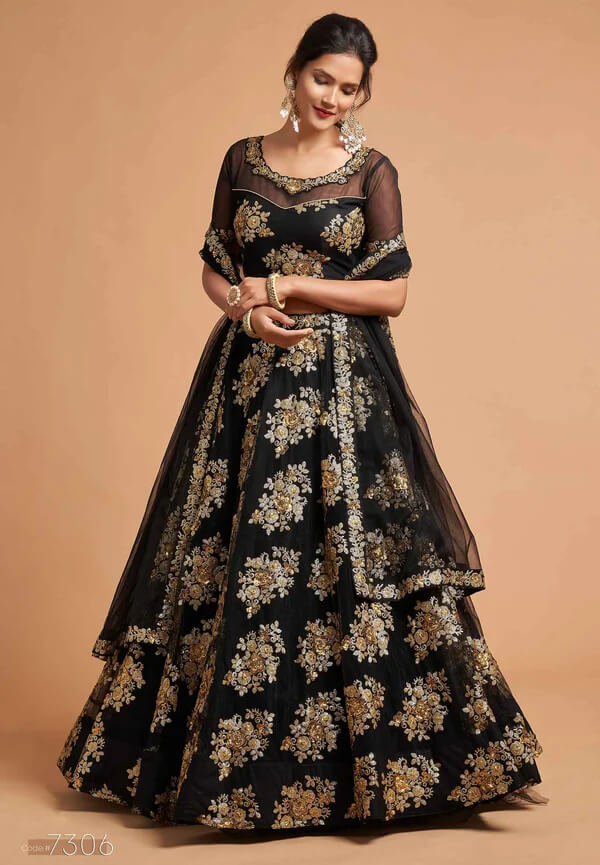 Black Soft Net Lehenga with Zari & Sequins Work