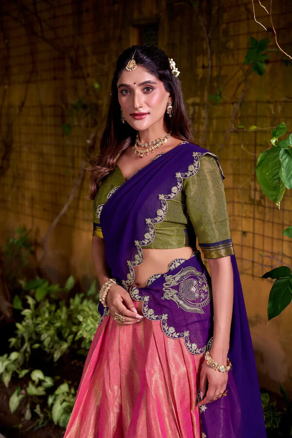 Peach Pink Ethnic Lehenga Choli with Kanchipuram Zari Work