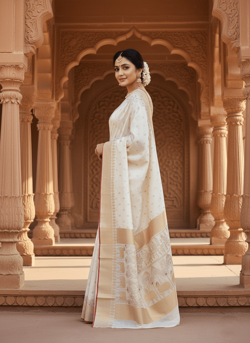 Pearl White Chanderi Handloom Pattu Silk Meenakari Saree