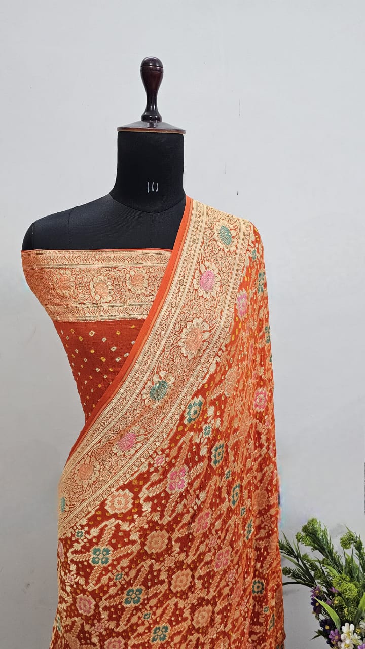 Red Banarasi Handloom Gold Zari Bandhani Georgette Silk Saree