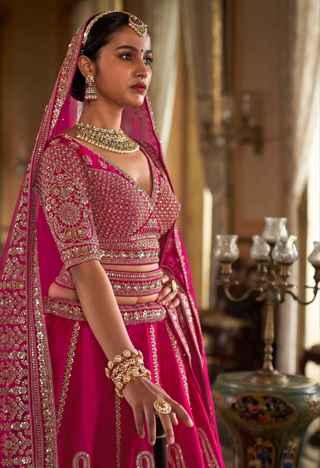Pink Bridal Lehenga with Heavy Embroidery & Pearl Work
