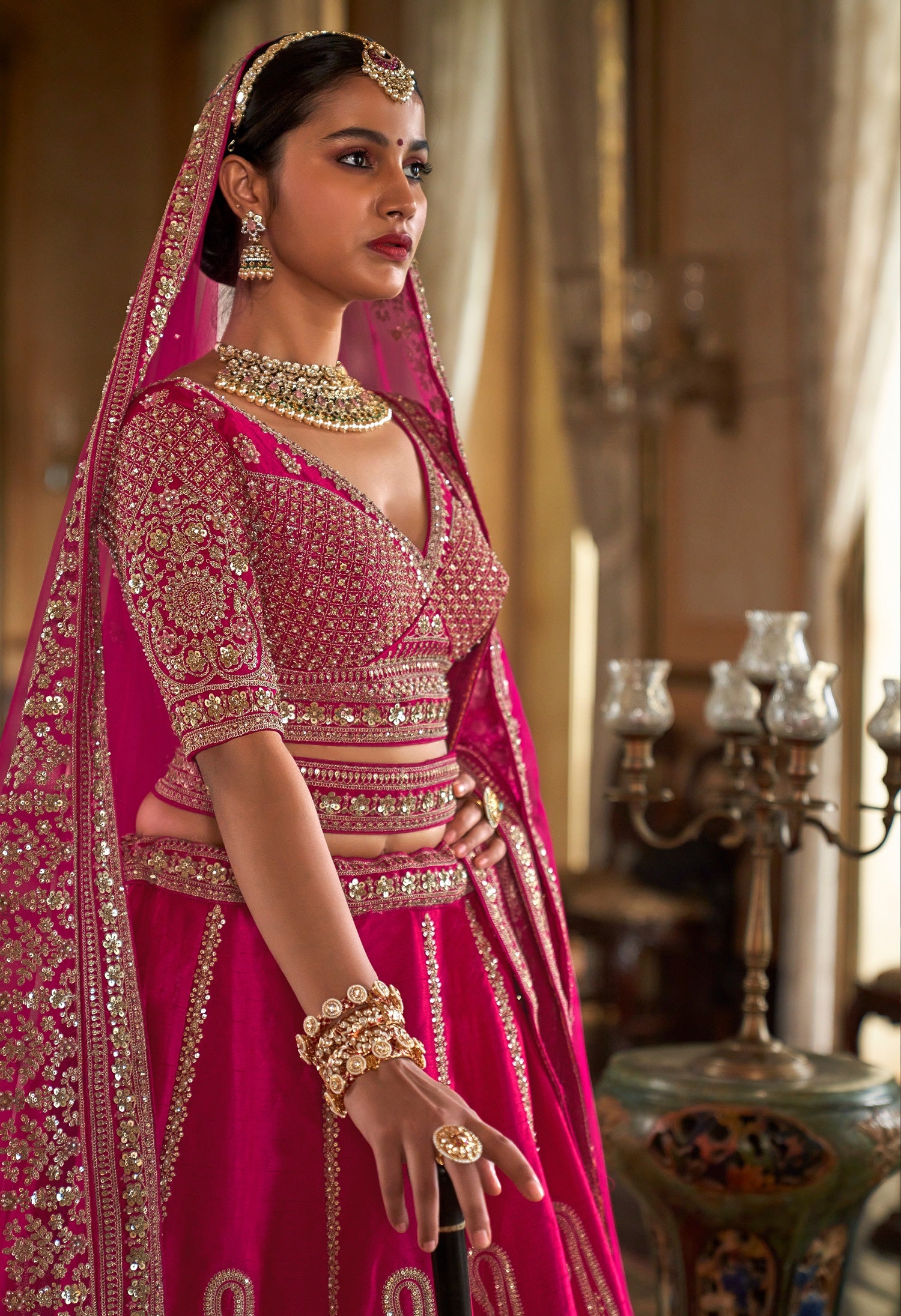 Pink Bridal Lehenga with Heavy Embroidery & Pearl Work