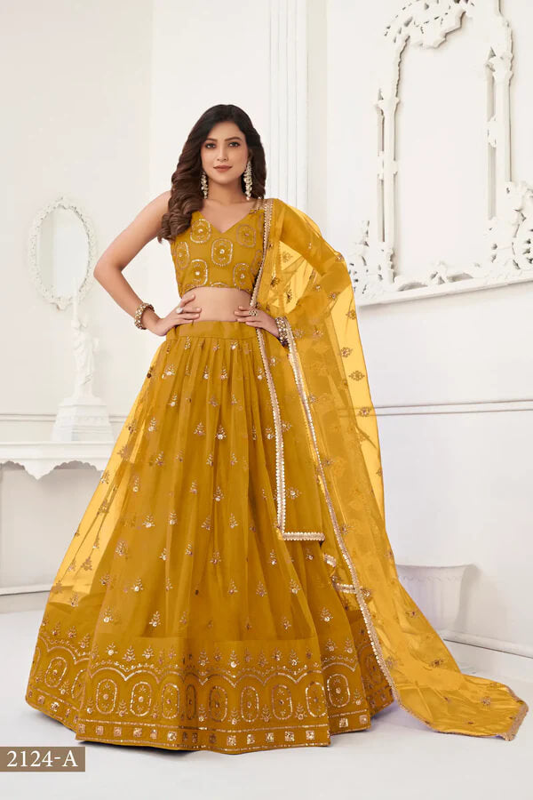 Mustard Embroidered Net Lehenga Choli