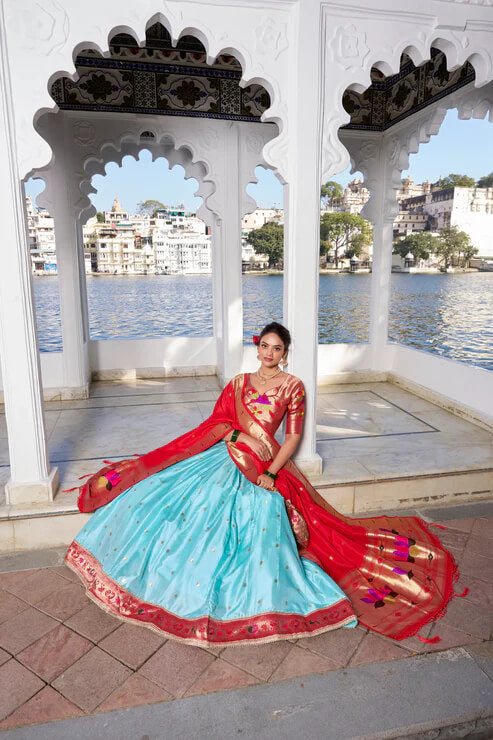 Sea Blue Paithani Jacquard Silk Lehenga for Bridal & Festive Wear