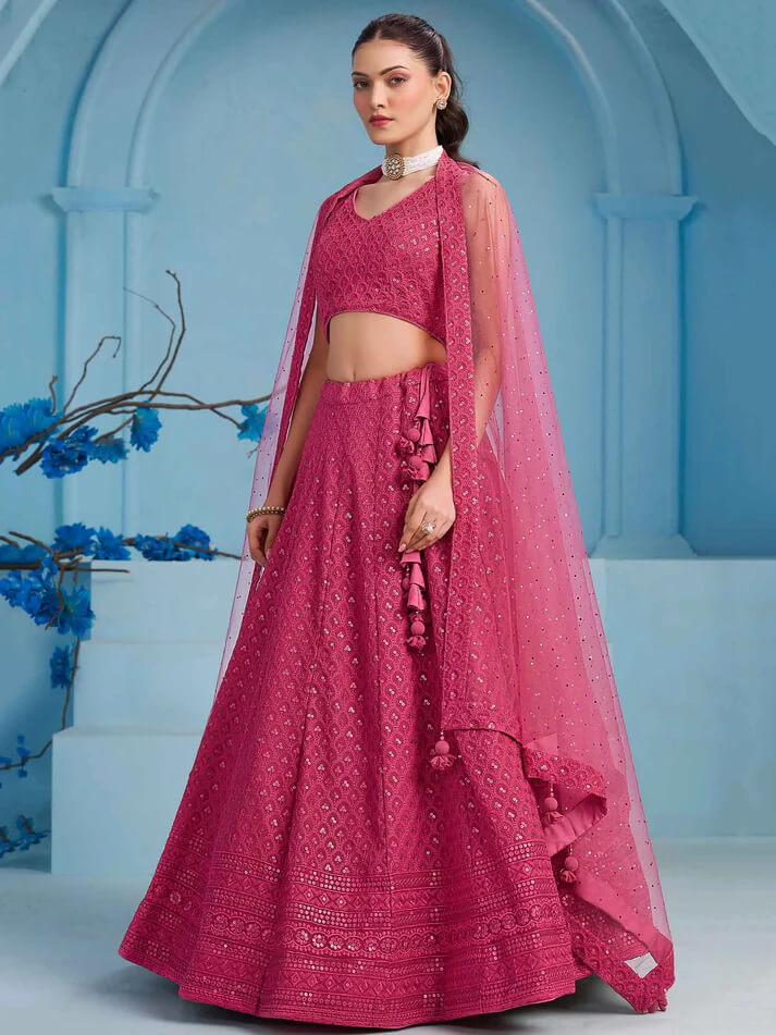 Rosy Pink Party Wear Lehenga with Sequins & Dupatta