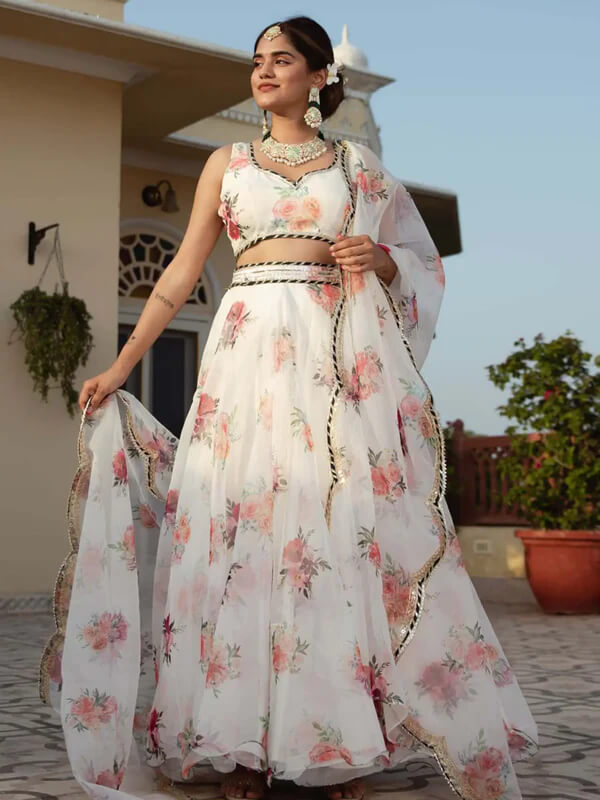 White Organza Lehenga with Floral Print & Embroidery