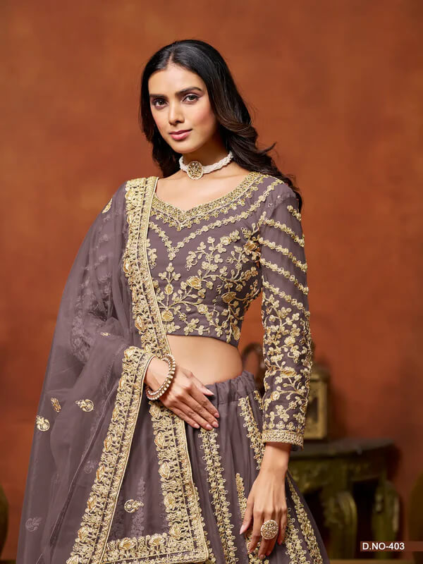 Elegant Dusty Grey Net Lehenga with Embroidery