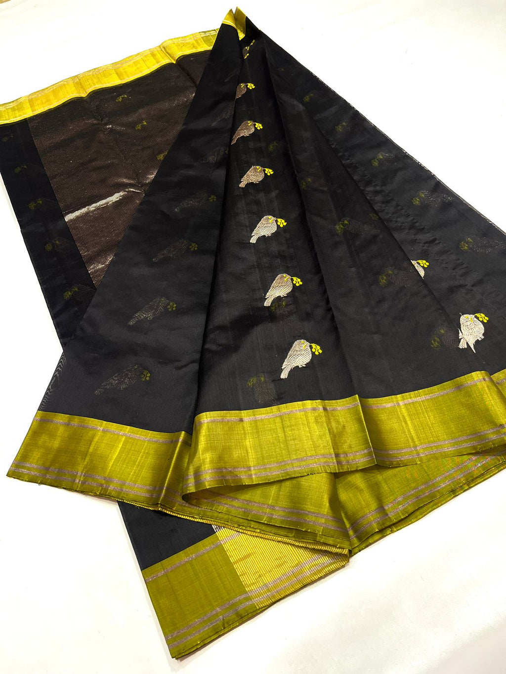 Black Chanderi Handloom Pattu Silk Eknal Buttas Saree