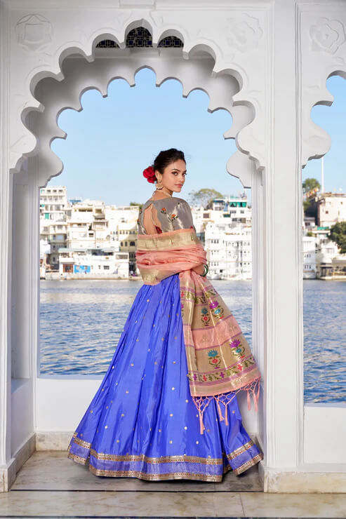 Traditional Lotus Blue Paithani Silk Lehenga with Zari Work