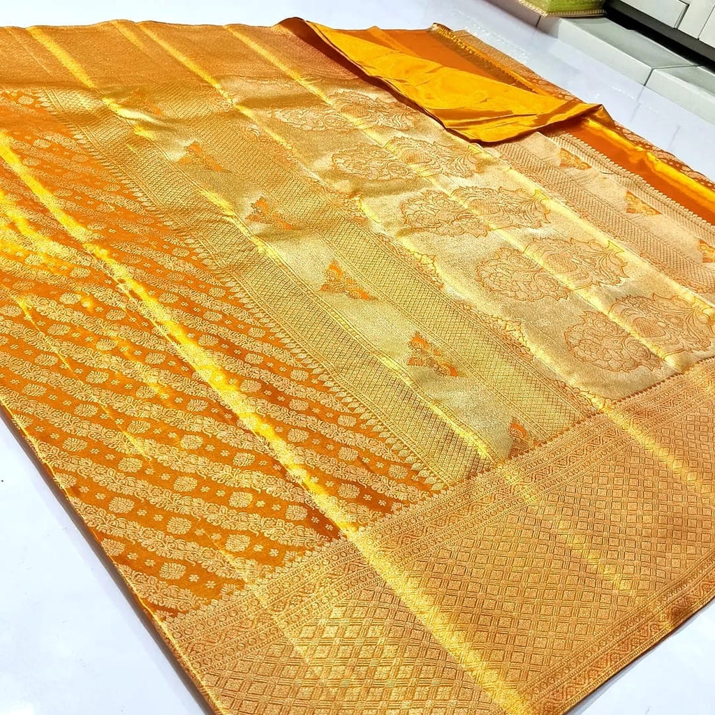 Dark Orange Kanchipuram Handloom Tissue Brocade Silk Saree