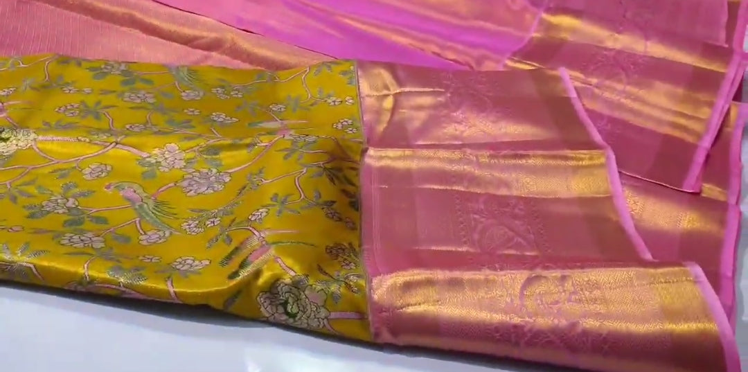 Mustard Kanchipuram Handloom 4D Tissue Brocade Silk Saree
