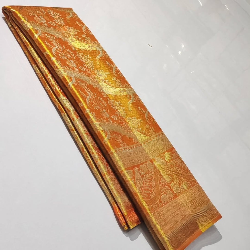 Orange Kanchipuram Handloom Tissue Brocade Silk Meenakari Saree
