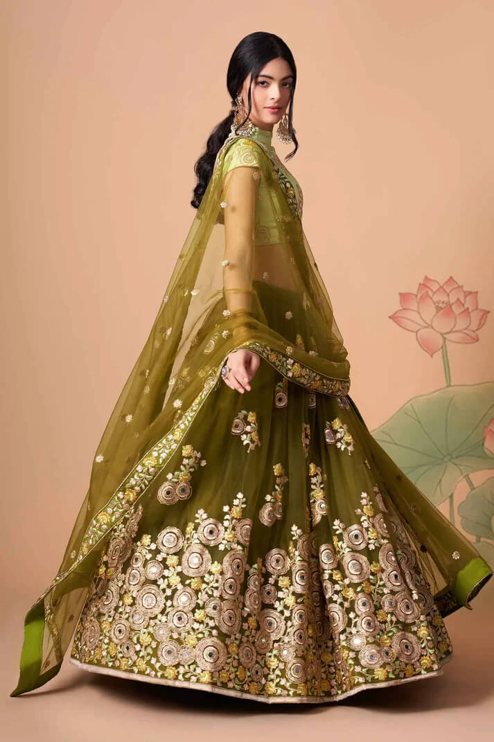 Mehndi Green Net Lehenga with Zari, Sequins & Mirror Work