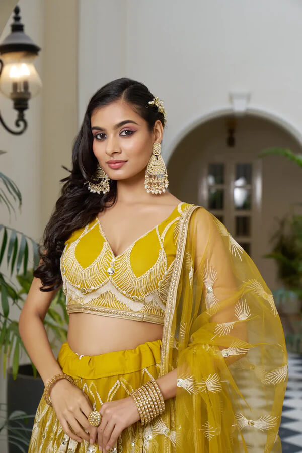 Mustard Net Lehenga Choli with Cotton Thread & Sequins Work