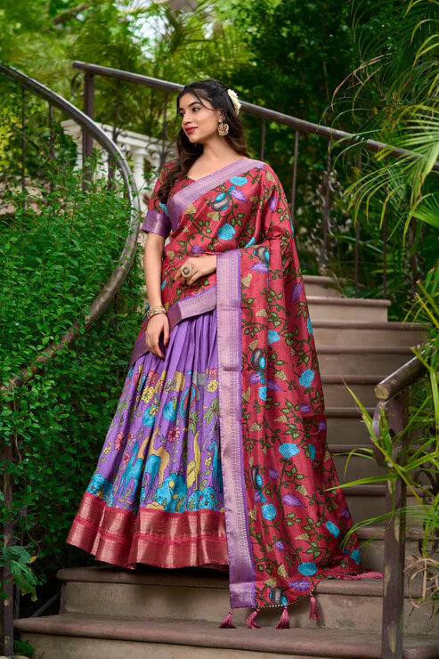 Lavender Silk Lehenga with Traditional Kalamkari Prints and Zari Weaving