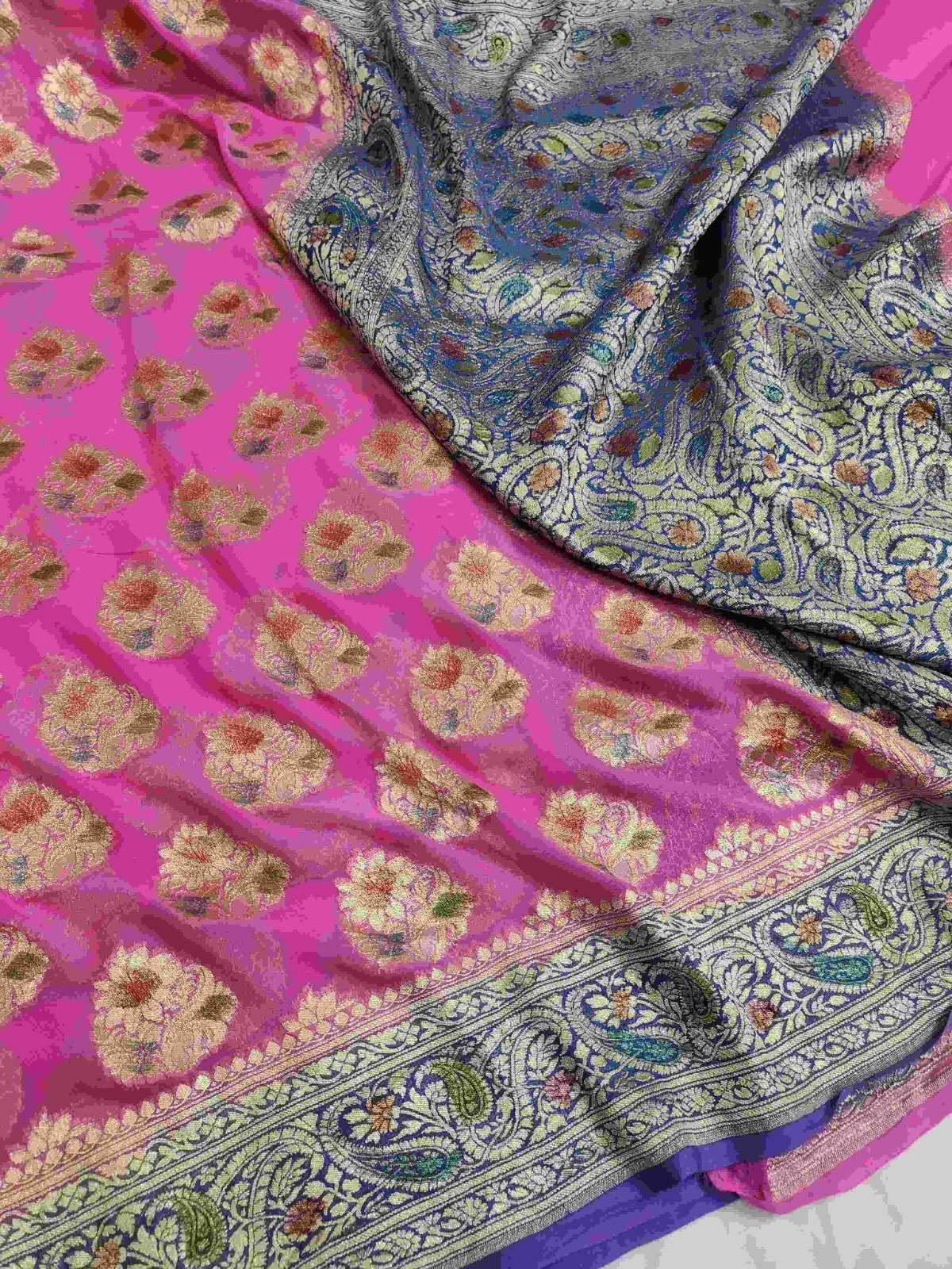 Hot Pink Banarasi Håndvævet Vand Zari Georgette Silkesari