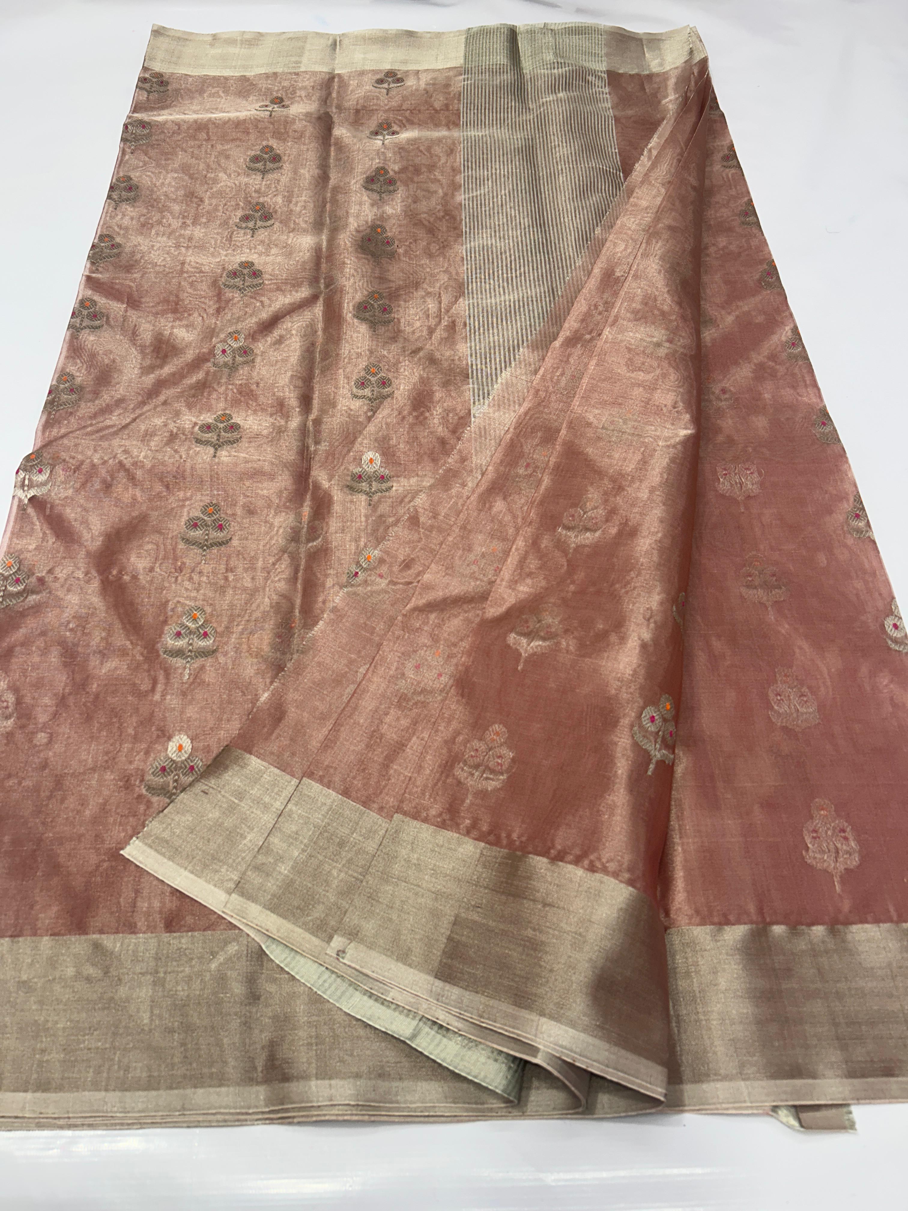 Rosy Brown Chanderi Handloom Katan Tissue Silk Meenakari Saree