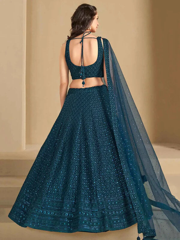 Teal Blue Georgette Lehenga with Sequins Embroidery