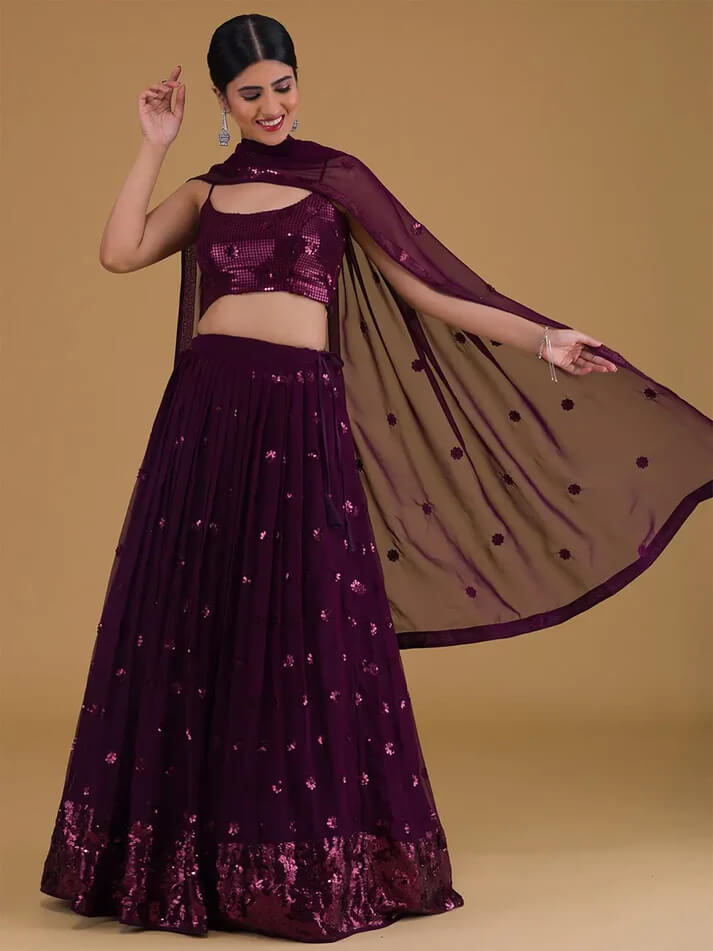Wine Designer Party Wear Lehenga with Sequins Embroidery