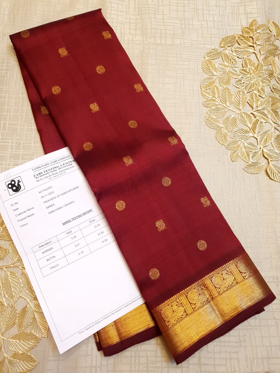 Maroon Kanchipuram Handloom 3G Pure Gold Pattu Silk Korvai Saree