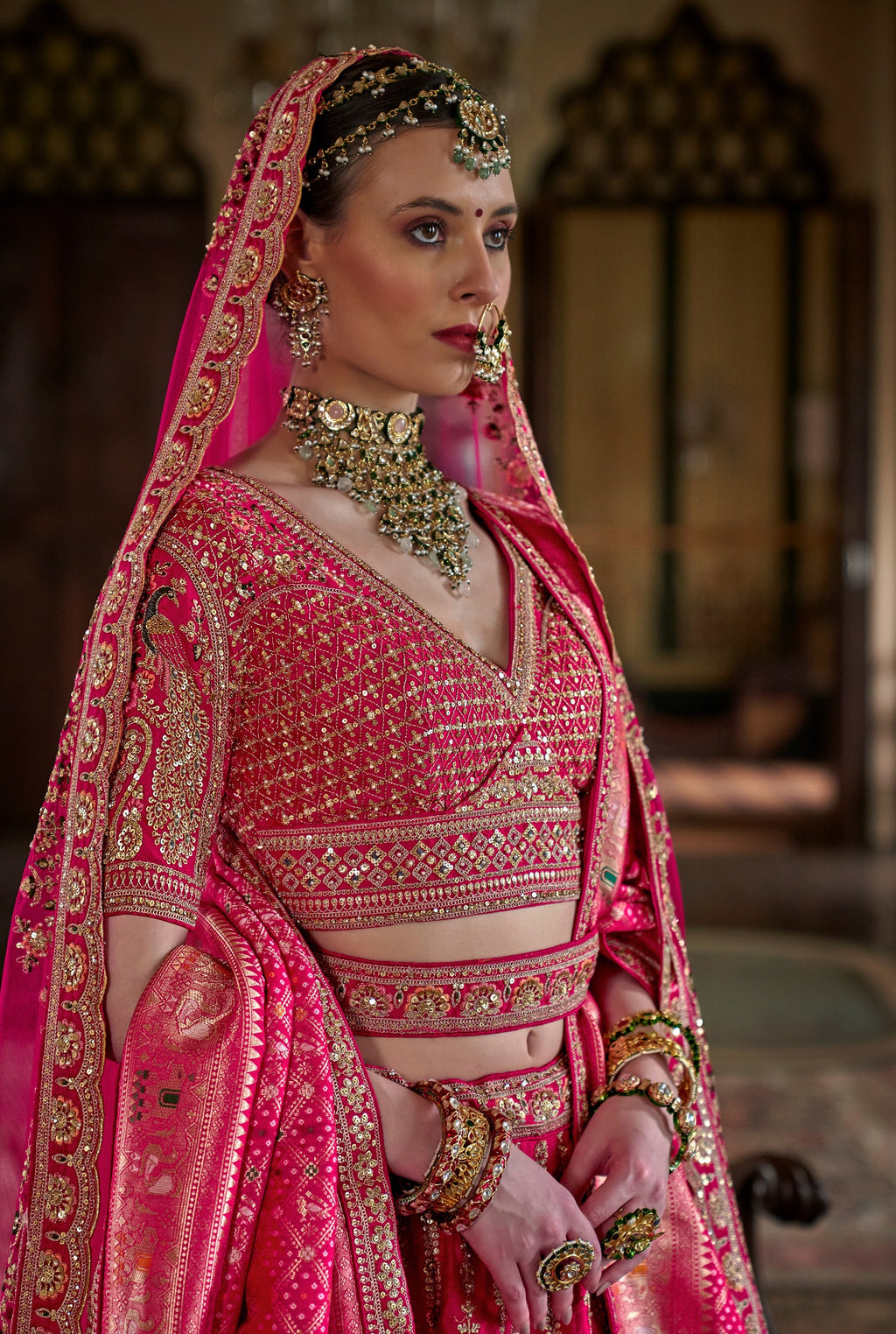 Graceful Pink Bridal Ensemble with Exquisite Sequin Embroidery
