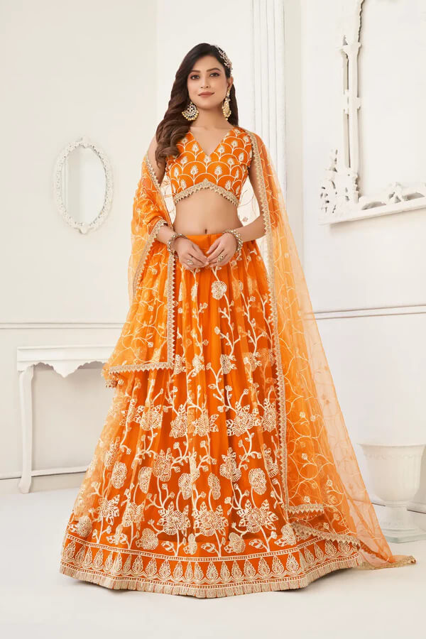 Designer Orange Cotton Thread & Zari Lehenga