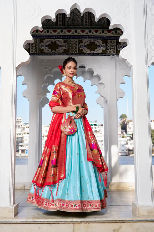 Sea Blue Paithani Jacquard Silk Lehenga for Bridal & Festive Wear