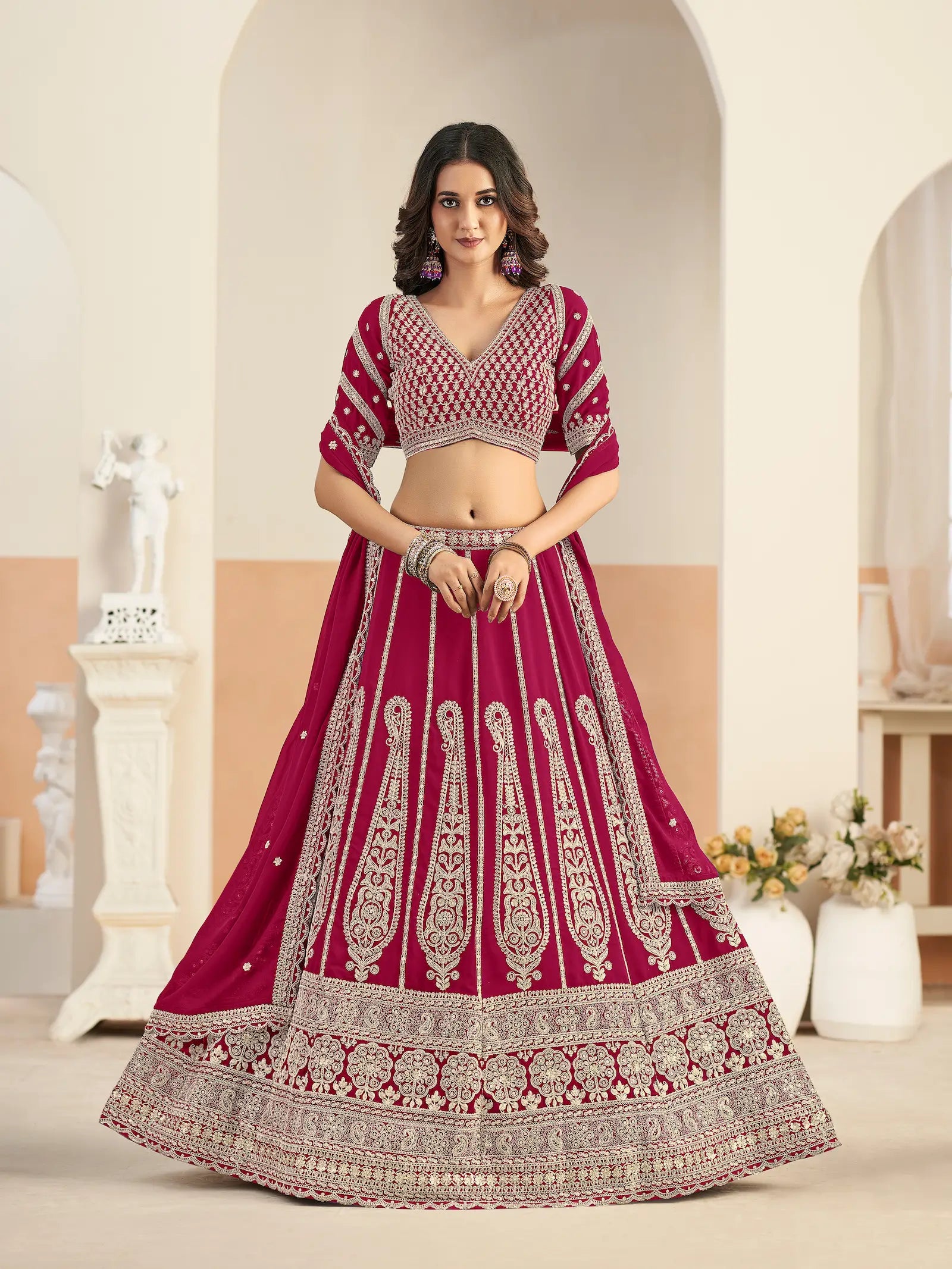 Dark Magenta Georgette Lehenga WIth Embroidery Work