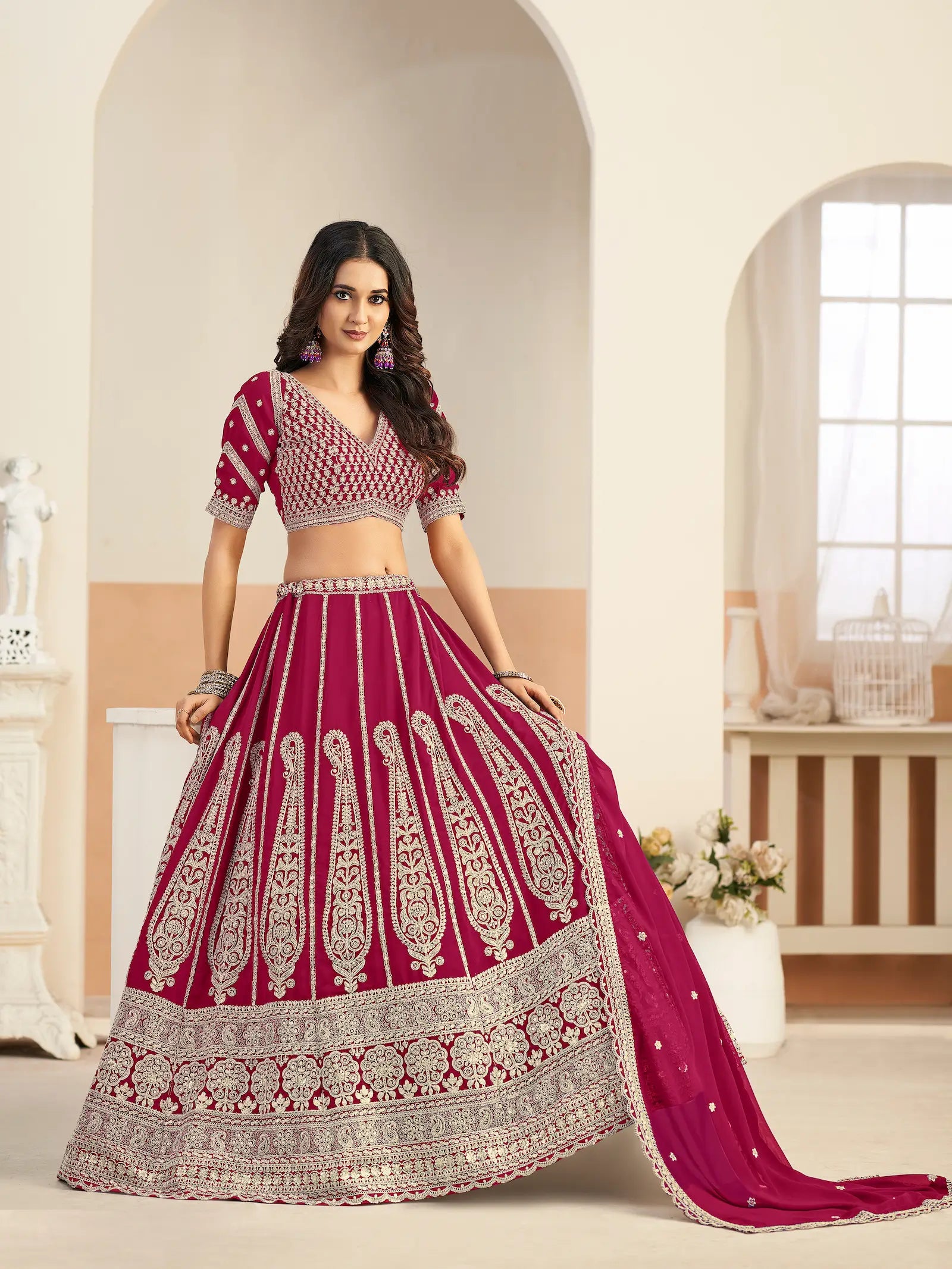 Dark Magenta Georgette Lehenga WIth Embroidery Work