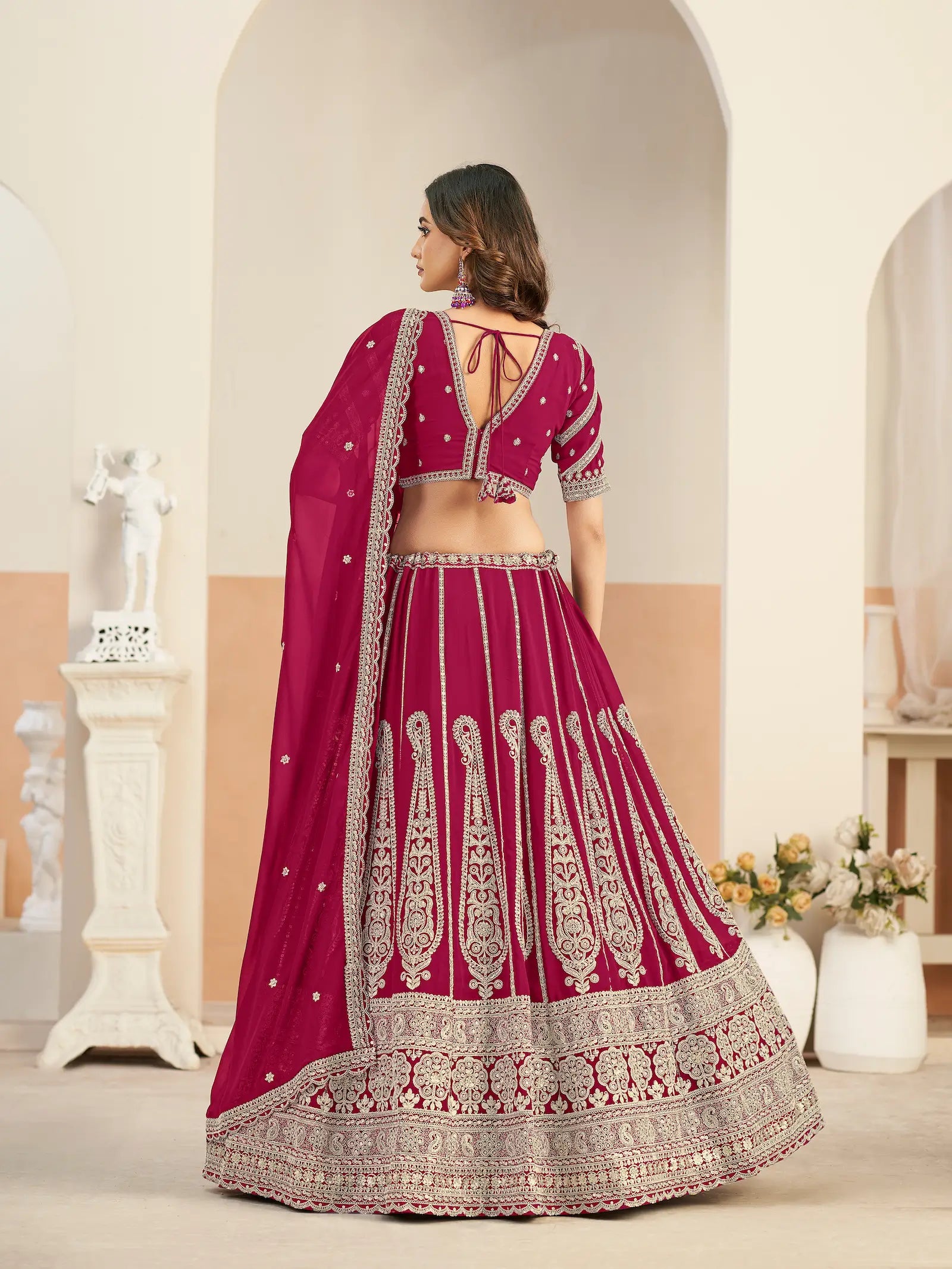 Dark Magenta Georgette Lehenga WIth Embroidery Work