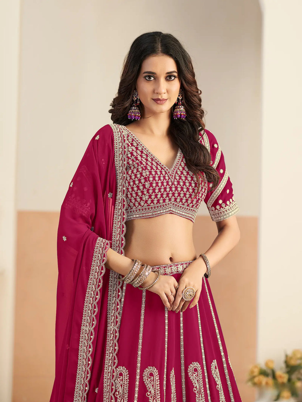 Dark Magenta Georgette Lehenga WIth Embroidery Work