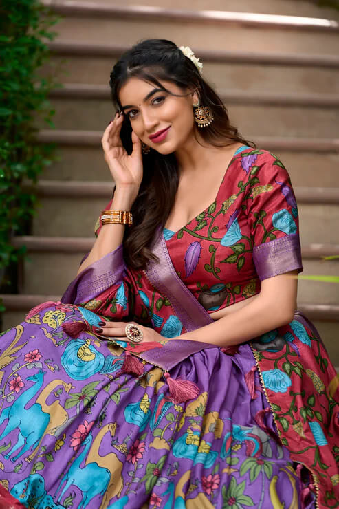Lavender Silk Lehenga with Traditional Kalamkari Prints and Zari Weaving