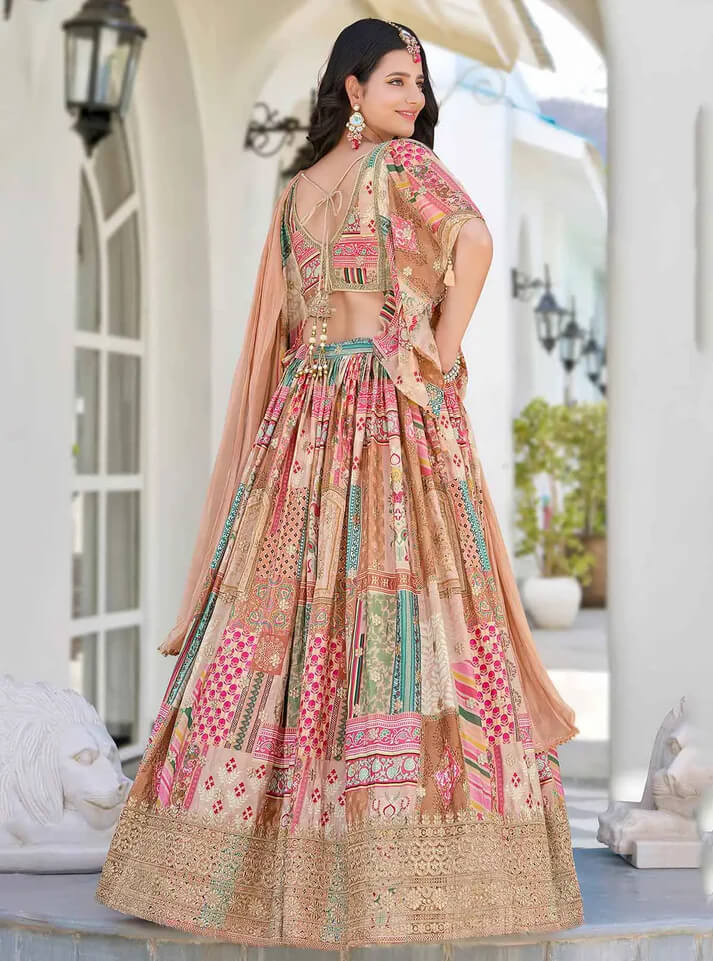 Beige Digital Print Lehenga with Embroidery & Blouse